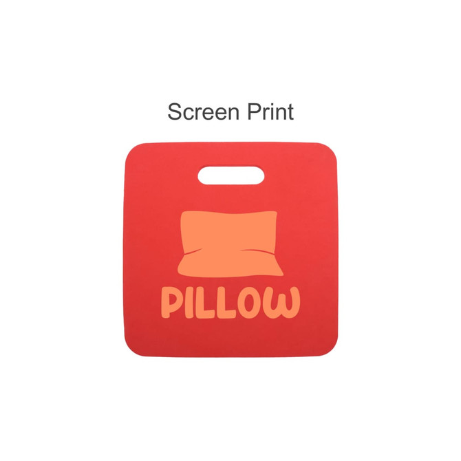 A red stadium seat cushion with a handle and a graphic of a pillow on the surface. It features a logo.