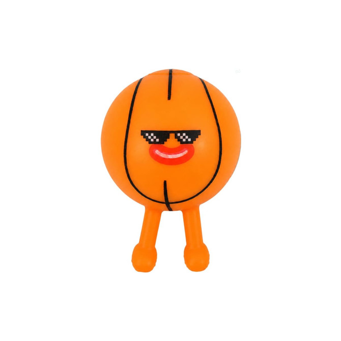 An orange squishy ball designed like a basketball, featuring feet and a smiling face with sunglasses.