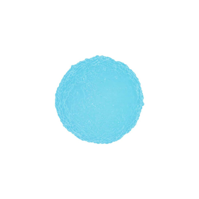 A translucent blue squishy stress relief mini ball with a textured surface. It features a logo.
