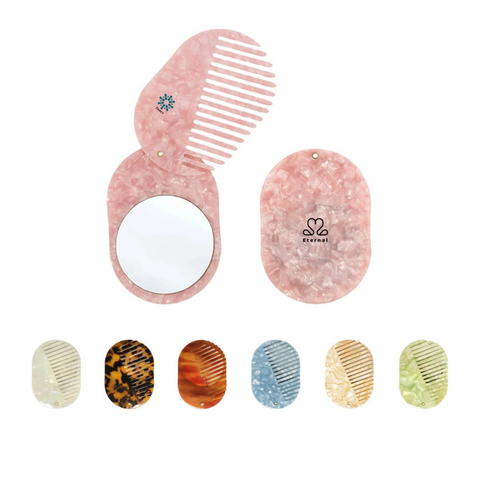 A portable pink acetate hair comb with a mirror, featuring various additional colours and a logo design.