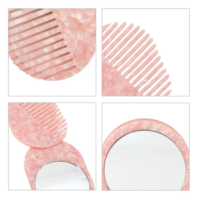 A portable acetate hair comb in pink with a mirror, featuring a marbled design and a logo.