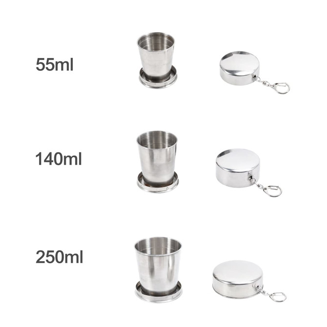 Compact stainless steel folding cups in silver, available in 55ml, 140ml, and 250ml sizes, with storage lids.