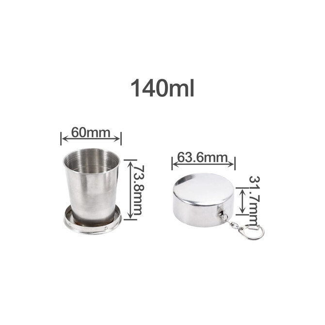 A stainless steel folding cup in a silver finish, featuring dimensions for a 140ml capacity and a compact design.