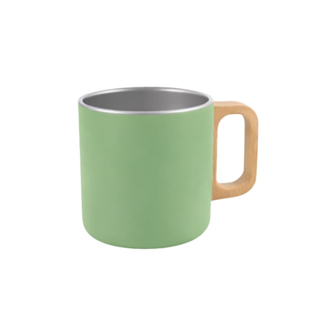 A 400ML stainless steel insulated mug in a pastel green finish with a wooden handle. Features a logo.