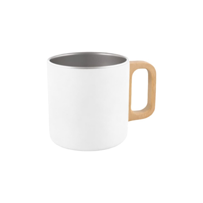 A stainless steel insulated mug in white with a wooden handle. It features a simple design and has a logo.