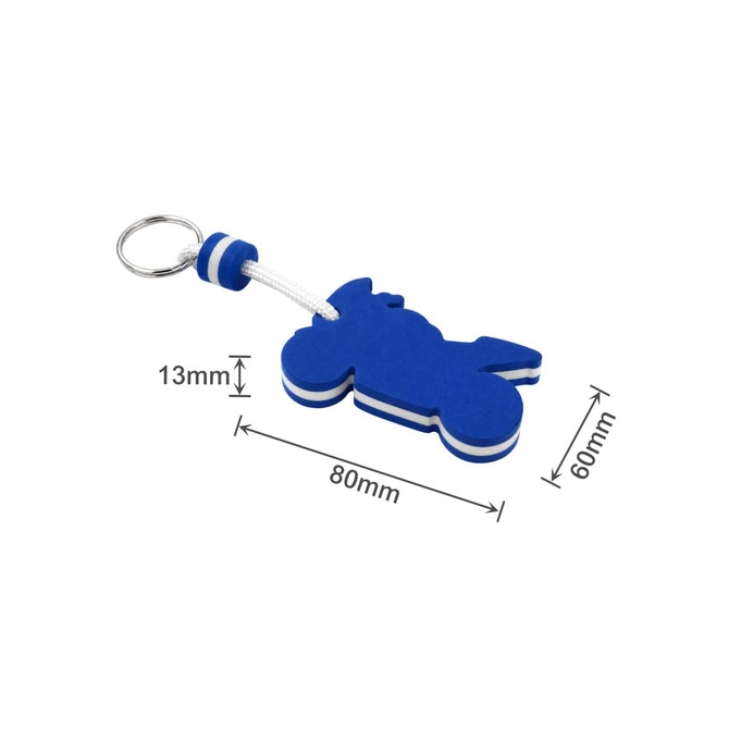 A blue custom EVA floating keychain shaped like a motorcycle, featuring white stripes and a metal ring for attachment.