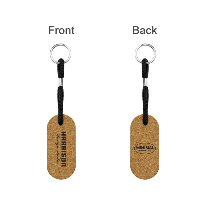 A cork keyring in an oval shape with a black cord and metal ring, featuring logos on both sides.