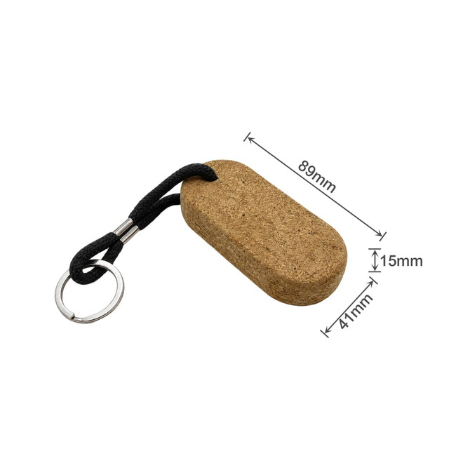 An oval cork keyring in a natural brown colour, featuring a black rope and metal keyring attachment.