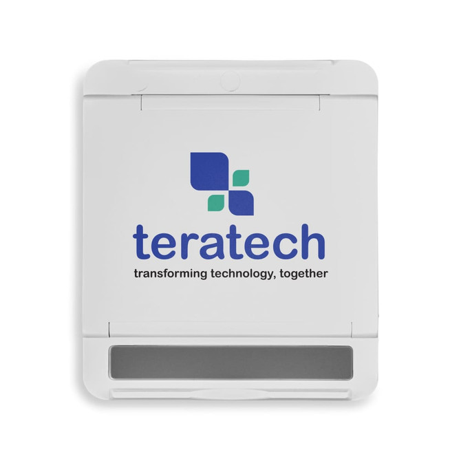 A white phone stand featuring a logo and a grey base. Sturdy design for supporting devices.