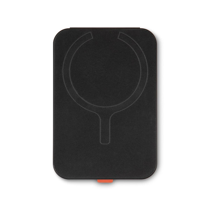 A black phone wallet with a subtle logo, featuring a circular design outline and an orange accent.