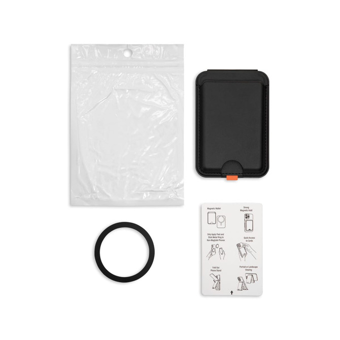 A black phone wallet with a plastic protective sleeve, a black ring, and an instruction card.