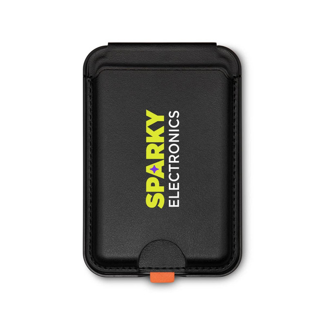 A black phone wallet featuring a logo, designed to hold cards and small items securely.