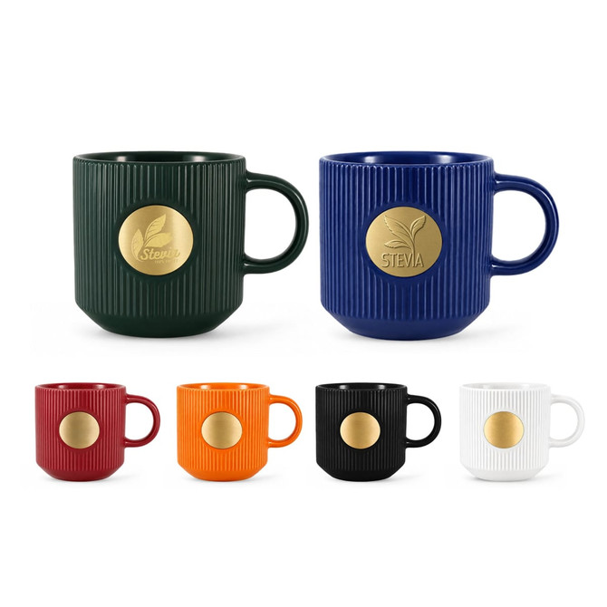 A ceramic mug set in green, navy, red, orange, black, and white, each featuring a bronze medal design on the front.
