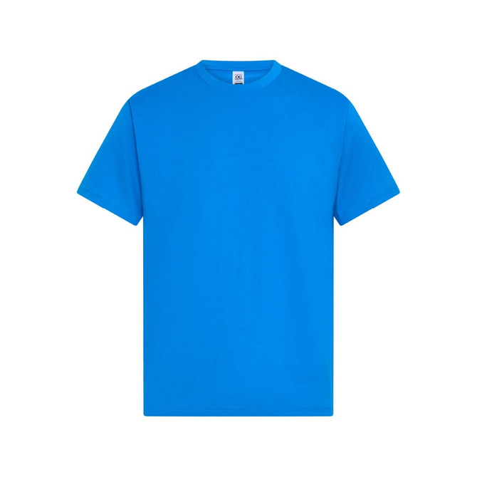A bright blue t-shirt with short sleeves and a round neckline. It features a logo on the label.