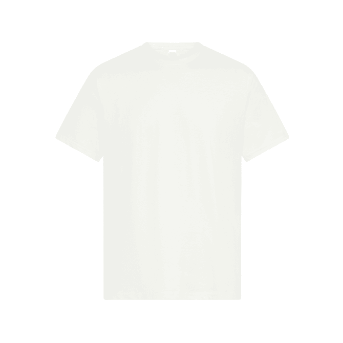 A plain white t-shirt with a crew neckline, featuring a small logo on the label.