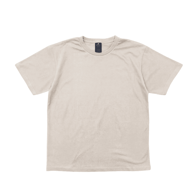 A short-sleeve tee in a light beige colour, featuring a label and a simple, unembellished design.