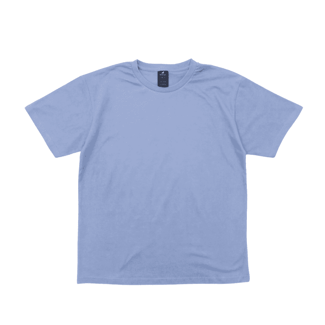 A blue short-sleeved T-shirt with a round neckline and a logo on the tag.