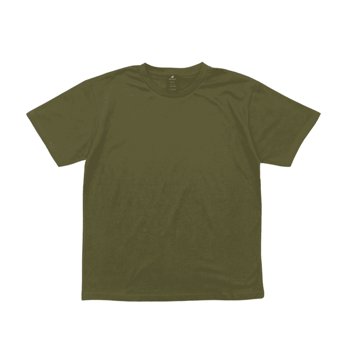 A green short-sleeve t-shirt with a simple design and a logo on the neckline.