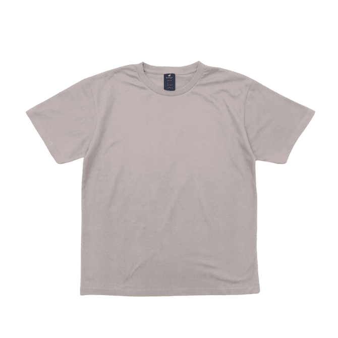A light beige T-shirt featuring short sleeves and a logo tag on the neck.