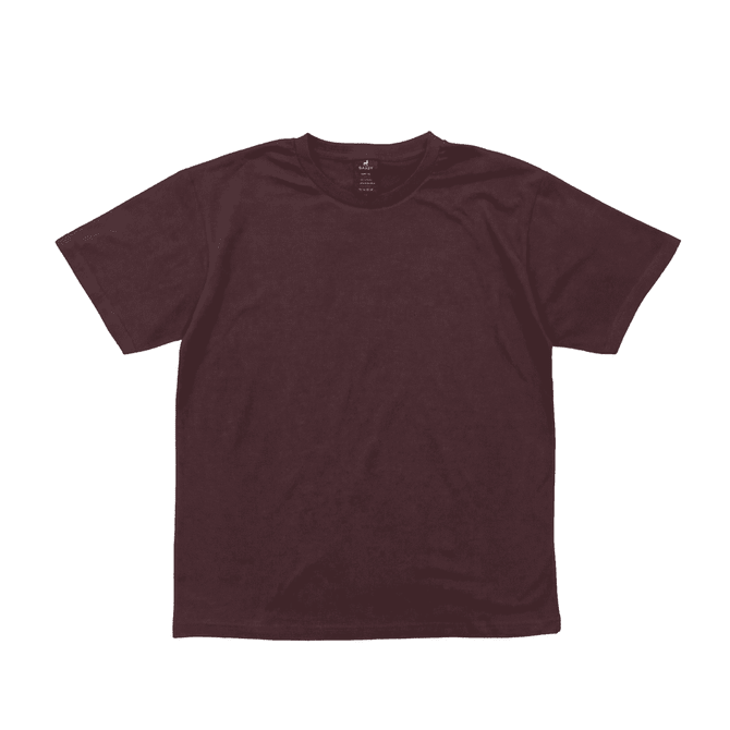 A maroon short-sleeved tee with a crew neck, featuring a logo on the inside label.