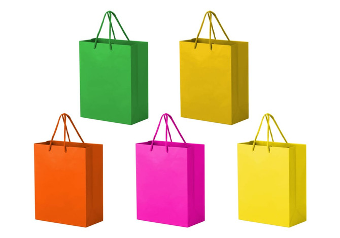 Five extra large laminated bags in vibrant green, yellow, orange, pink, and light yellow, each with matching handles.