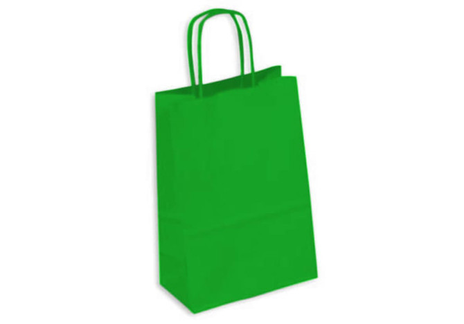 A vibrant green kraft paper bag with two handles and a flat base, featuring a logo.