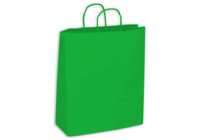 A bright green medium-sized kraft paper bag with two handles and a smooth finish.