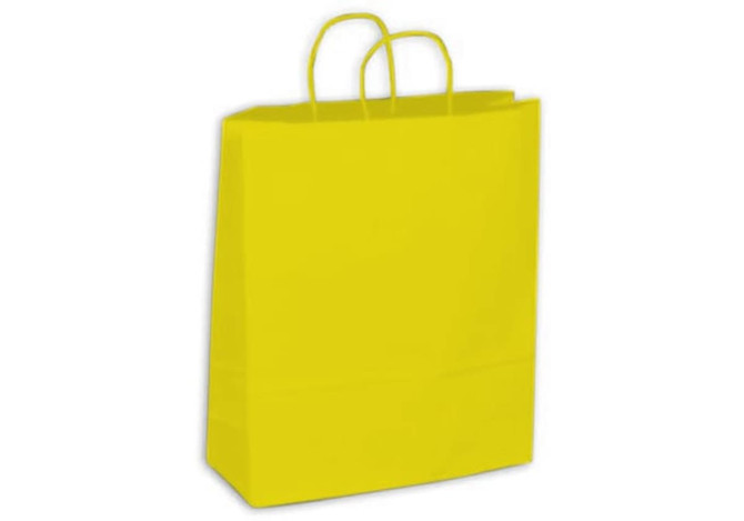 A bright yellow medium-sized kraft paper bag with two handles and a plain surface.