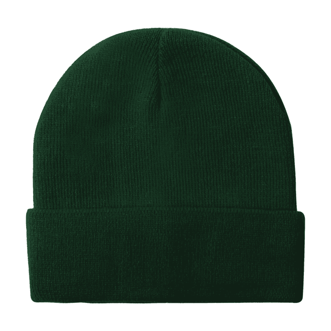 Acrylic rollup beanie hat in dark green, featuring a simple design and a folded brim.