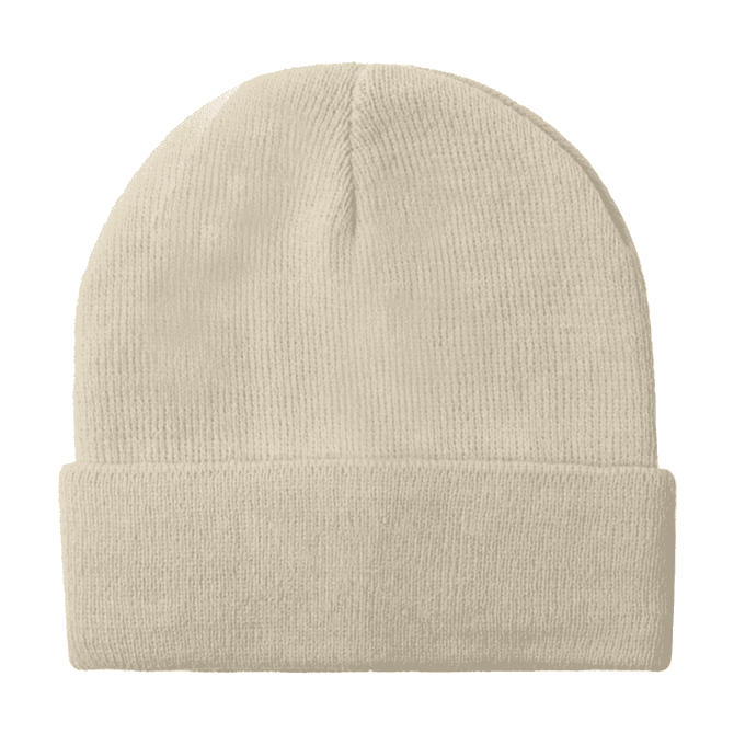 Acrylic rollup beanie hat in a neutral beige colour, featuring a folded cuff and a logo.
