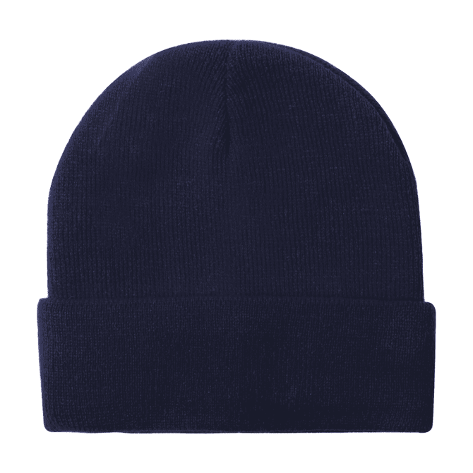 Acrylic rollup beanie hat in navy blue with a folded cuff and a logo.