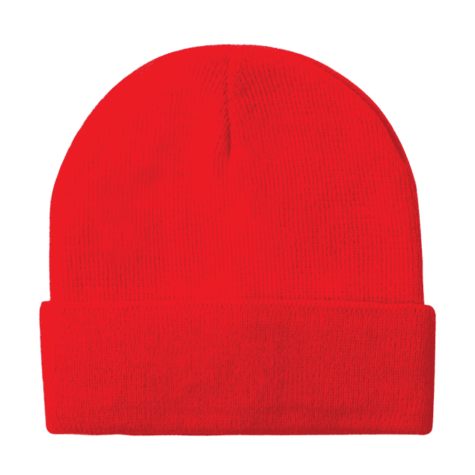 Acrylic rollup beanie hat in bright red, featuring a fold-over cuff and a label.