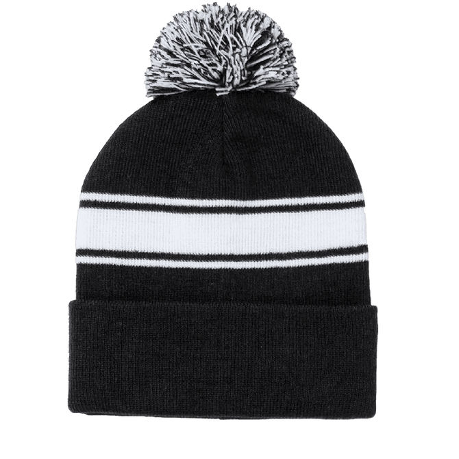 A black beanie hat with a white stripe pattern and a striped pom pom on top, featuring a logo.