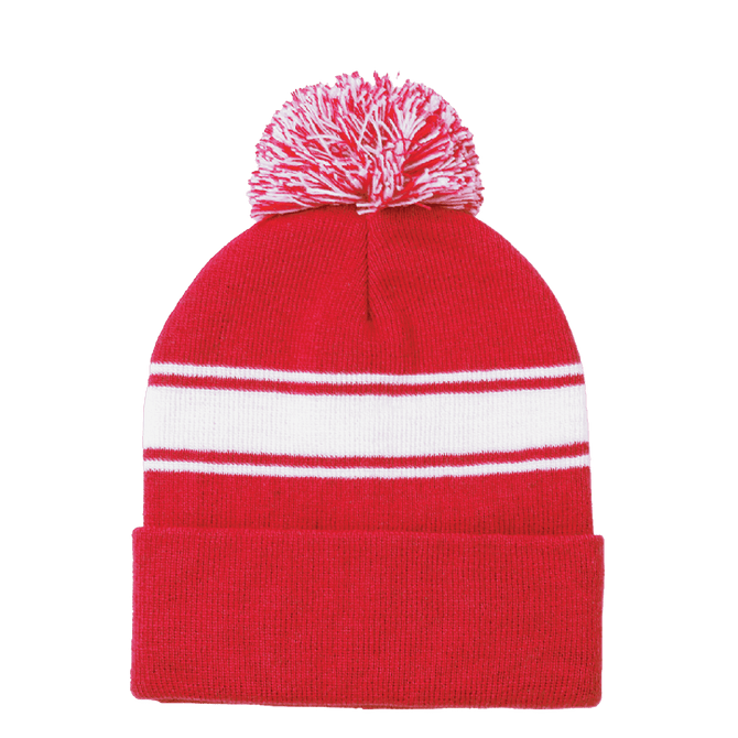 A red beanie hat with a white stripe and a pom pom on top, featuring a logo.