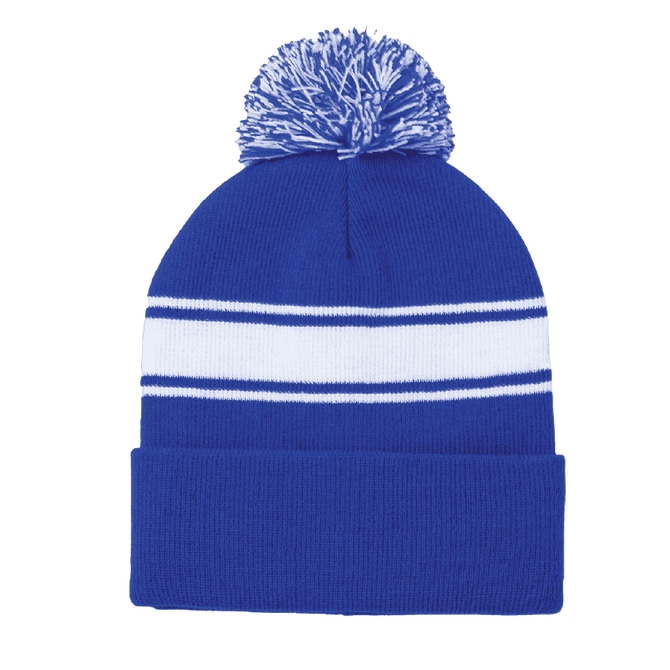 A blue beanie hat with a white stripe and a pom pom on top, featuring a logo.