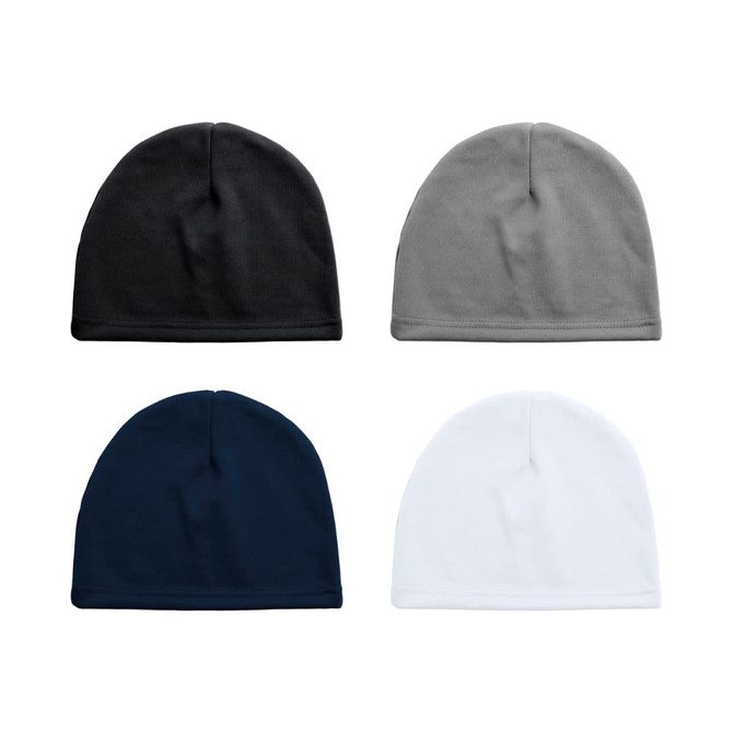 Four beanie hats in black, grey, navy, and white. Each beanie has a streamlined design and a fitted style.