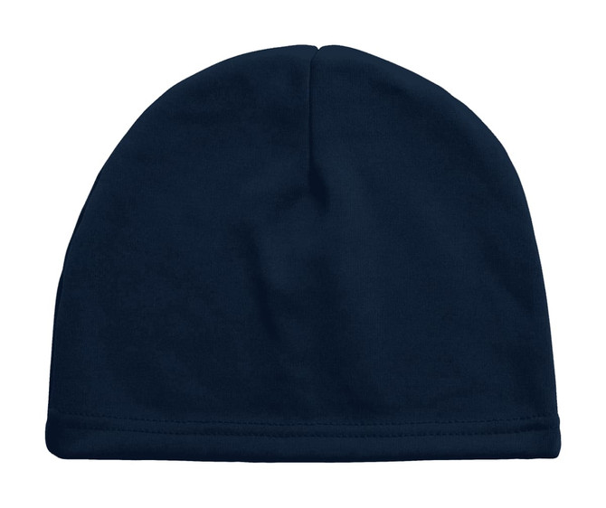A navy blue fleece beanie hat with a smooth finish and a folded cuff.