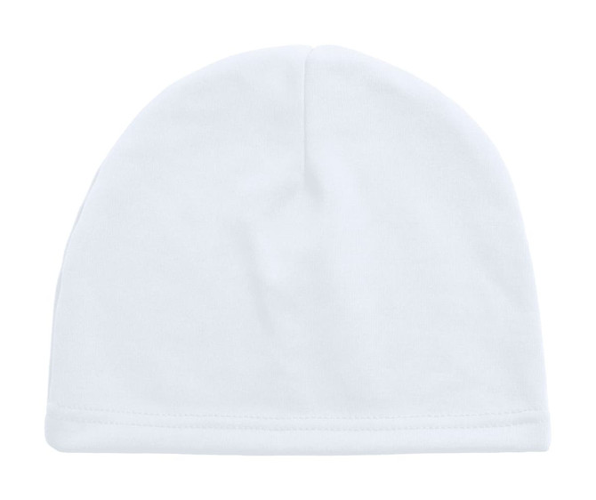 A white fleece beanie hat with a soft texture and a logo on the side.