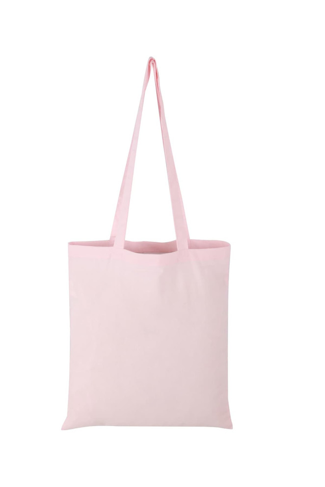 A pink calico tote bag with long handles, featuring a simple design and a logo.