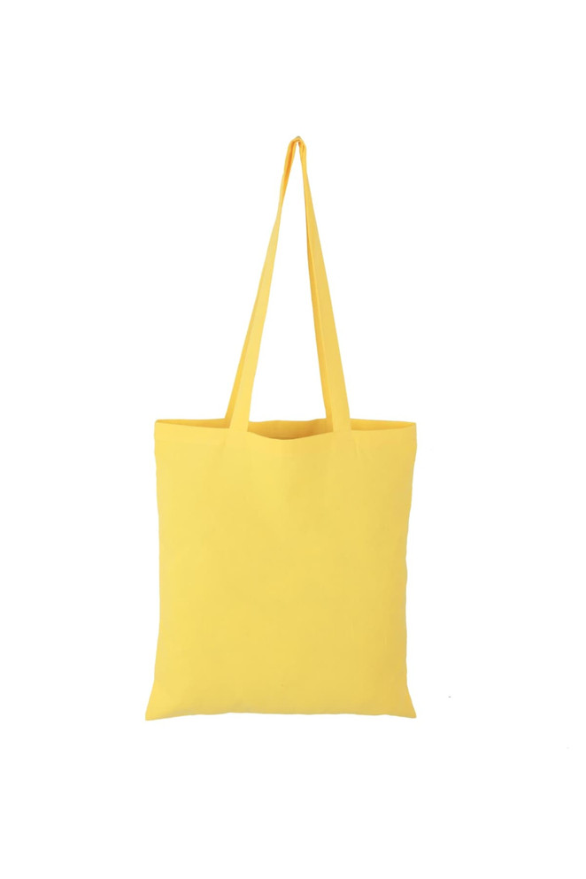 A yellow calico tote bag with long handles and a logo. Simple and stylish design.