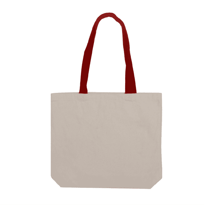 A beige tote bag with red handles. The bag features an unembellished design and a logo.