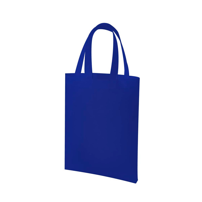 A blue tote bag with two handles and a simple design, featuring a branding logo.