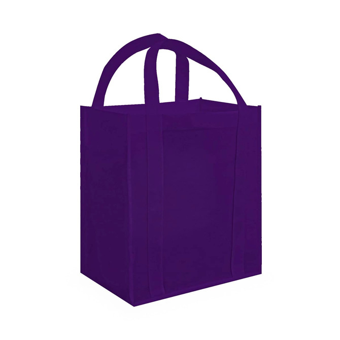 A purple tote bag with two handles and a solid design, featuring a logo on one side.