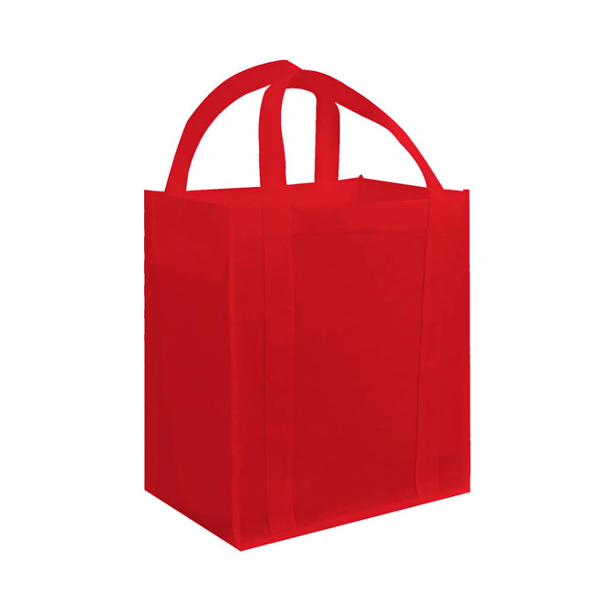 A red tote bag with two handles and a simple design. It has a logo on the side.