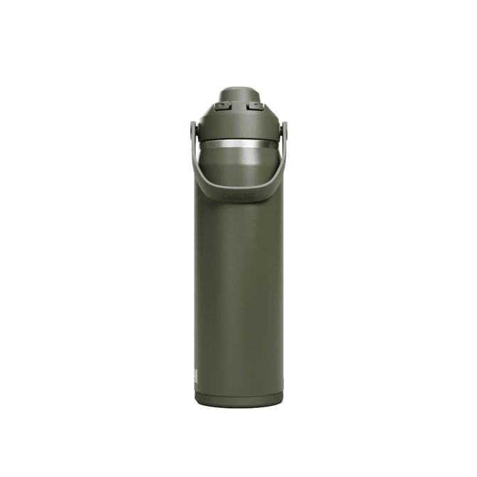A drink bottle in olive green with a lid and a handle, featuring a logo on the side.