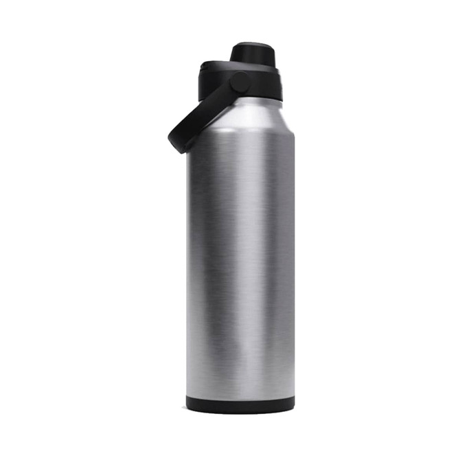 A drink bottle in silver stainless steel with a black lid and handle, featuring a logo on the side.