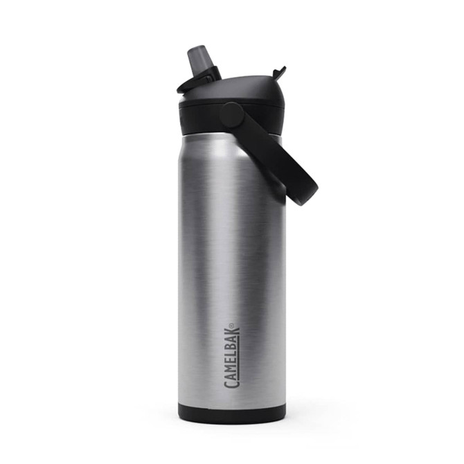 A drink bottle in stainless steel with a black flip straw and a handle, featuring a logo.