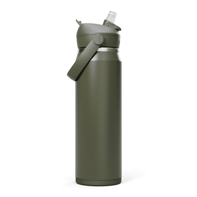 A drink bottle in olive green with a flip straw, featuring a silver stainless steel body and a handle.