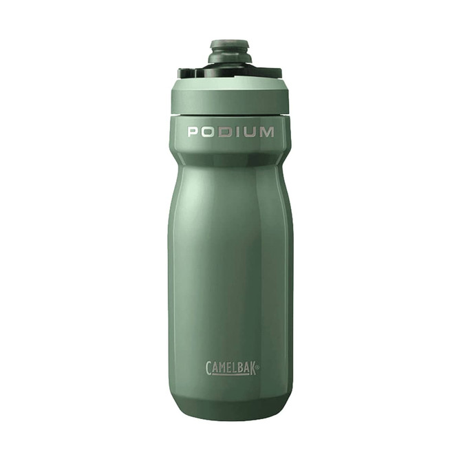 A drink bottle in a muted green colour, featuring a textured body and a screw-on cap, along with a logo.