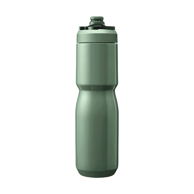 A drink bottle in a matte green finish with a curved design and a black cap, featuring a logo.